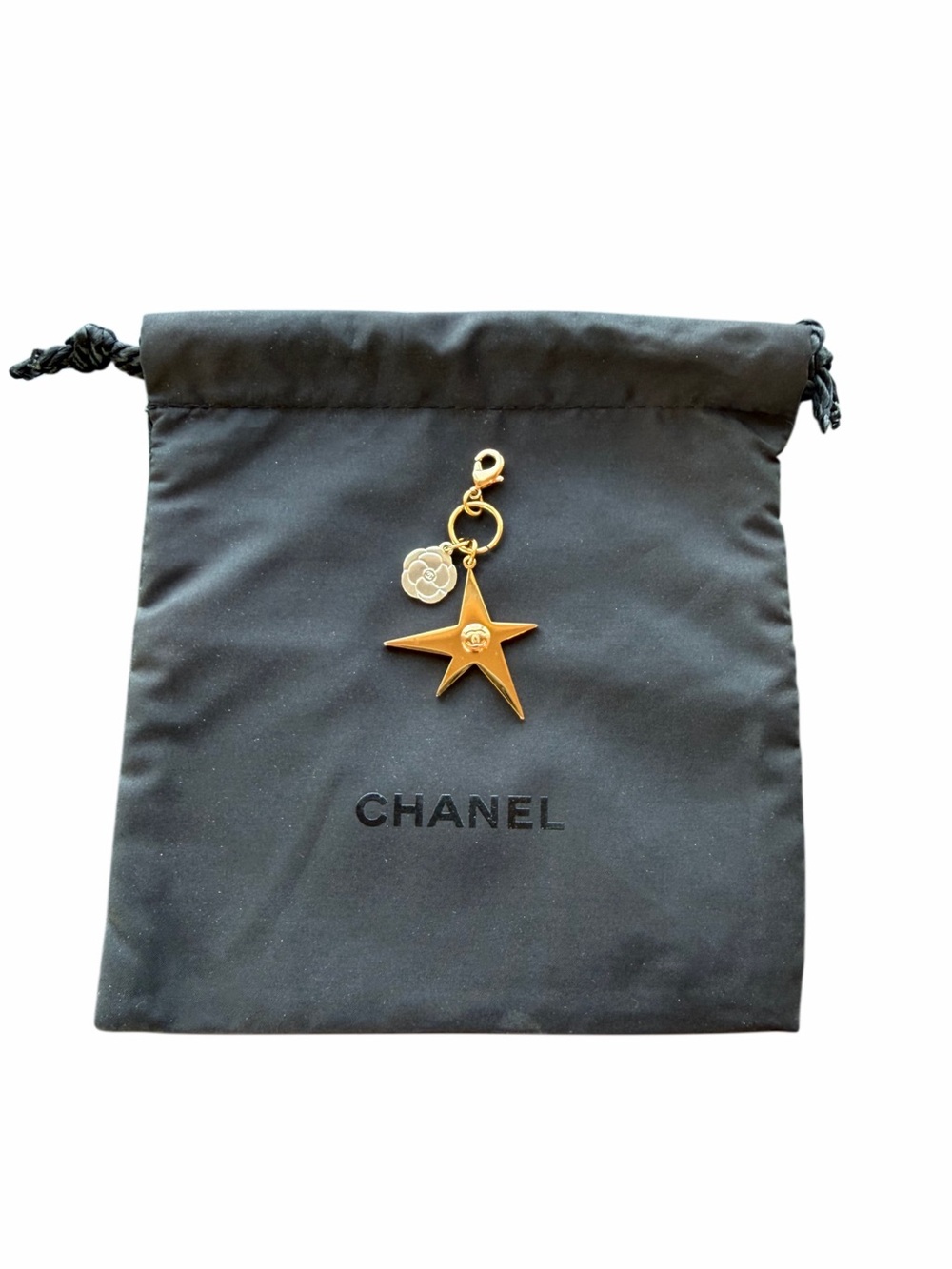 CHANEL Star & Camellia Charm Key Chain Gold/Silver Tone Metal Fabric Logo